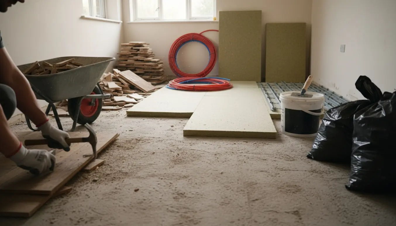 Indendørs anneks med fjernet gulv, bunker af trægulv og fliser samt isolationsplader og gulvvarmerør klar til installation.