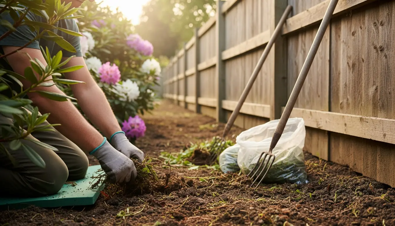 Hænder i havehandsker fjerner ukrudt omkring en rododendron, med fyldte plastposer ved hegnet.