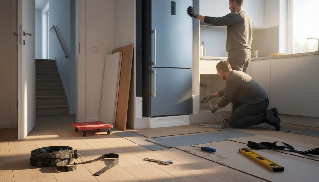 Et integreret køle/fryseskab monteres i et moderne lejlighedskøkken med værktøj og trapper i baggrunden.