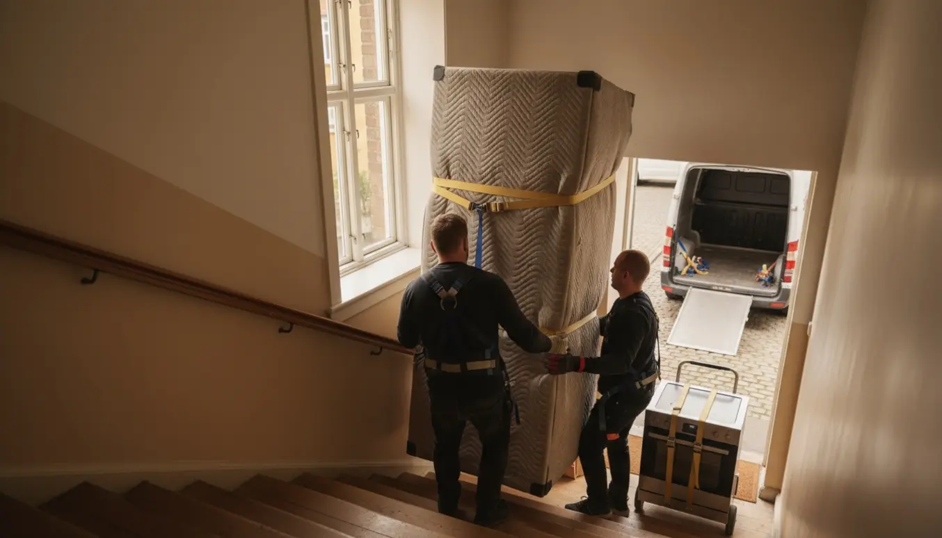 Tungt garderobeskab bæres ned ad en smal trappe i en Nørrebro-lejlighed mod en åben flyttevogn, klar til transport til Hundested.