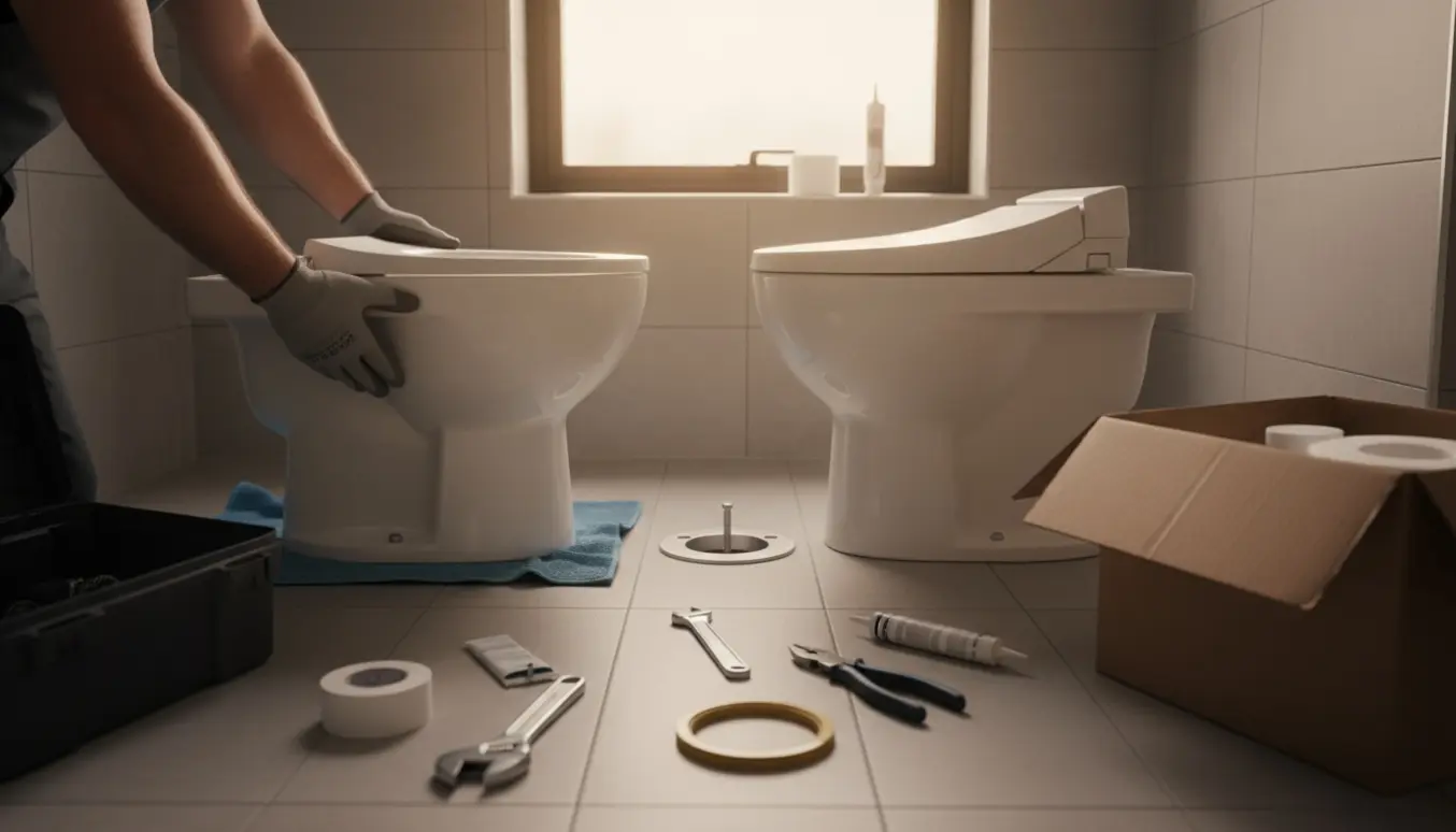 Håndværker med handsker monterer et nyt douche-toilet i et lille badeværelse, med værktøj og det gamle toilet ved siden af.