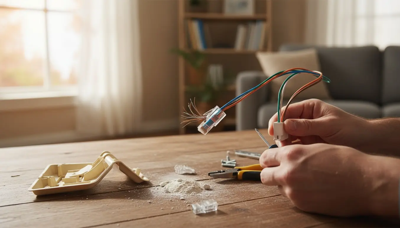 Hænder reparerer en udtrukket og beskadiget internetdåse med værktøj på et bord.