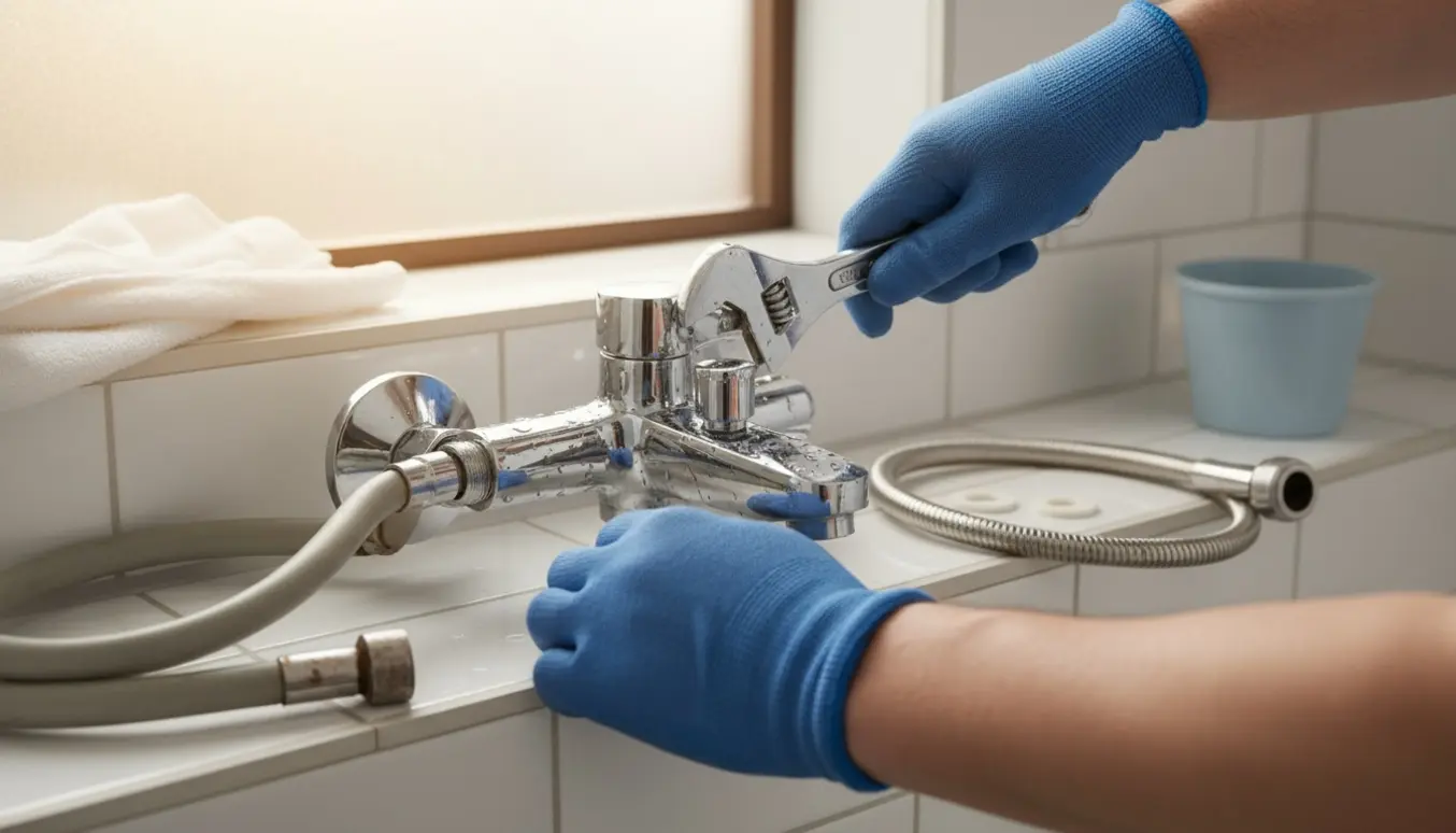 Hænder udskifter en krom bruseslange ved et vægmonteret blandingsbatteri i et lyst badeværelse.