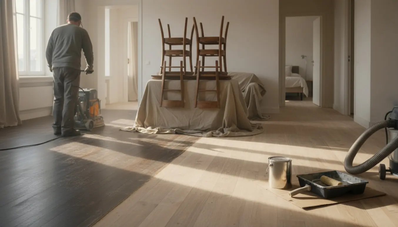 Stue i gang med gulvslibning, delvist slebet trægulv, værktøj og møbler samlet midt i rummet.