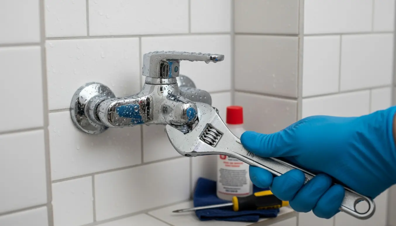 Nærbillede af en handske-klædt hånd, der med en skruenøgle forsøger at dreje et stramt brusearmatur.