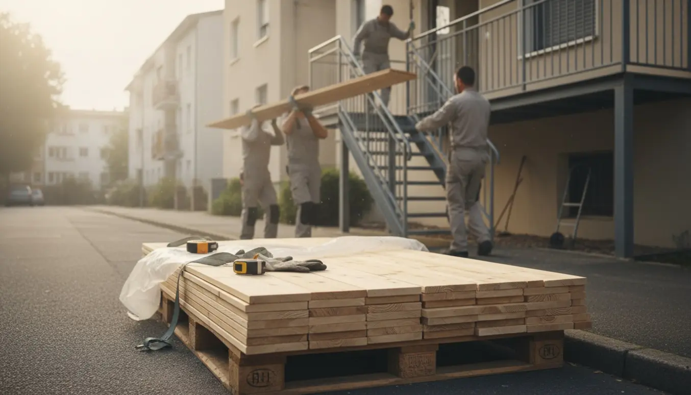 Arbejdere bærer lange fyrtræsplanker fra fortovet op ad en udvendig trappe til 3. sal, med en stor stak planker i forgrunden.