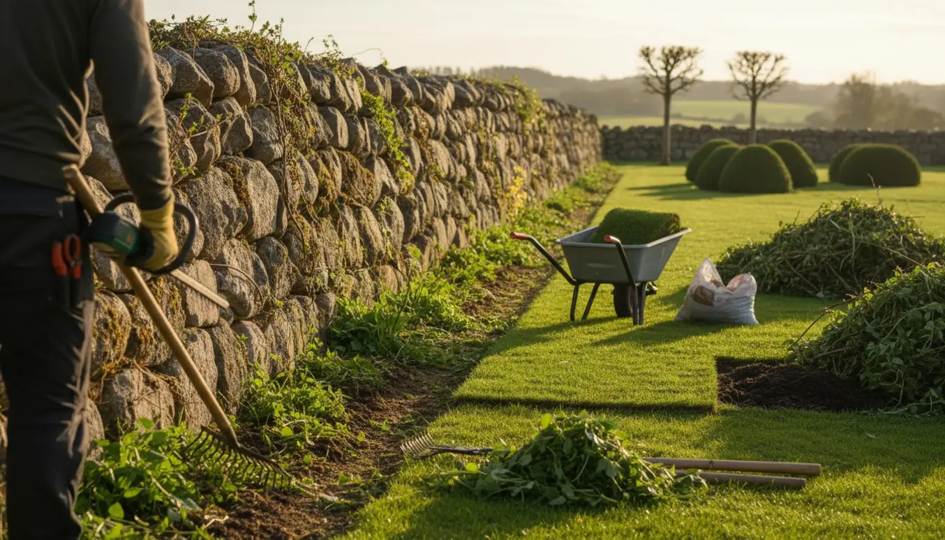 Langt stengærde ryddes for ukrudt mens rullegræs lægges og buske beskæres.