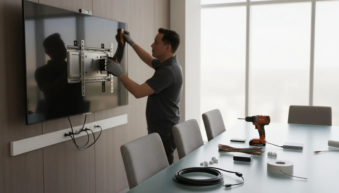 Tekniker justerer et vægmonteret fladskærms-tv i et moderne mødelokale med værktøj og kabler lagt pænt frem.