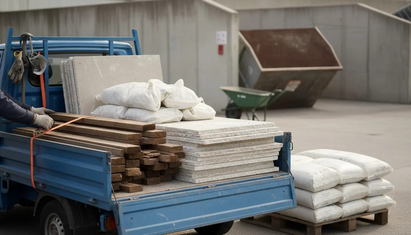 Læssede materialer med jernlægter, trælister, isoleringssække og gipsrester ved en genbrugsplads.