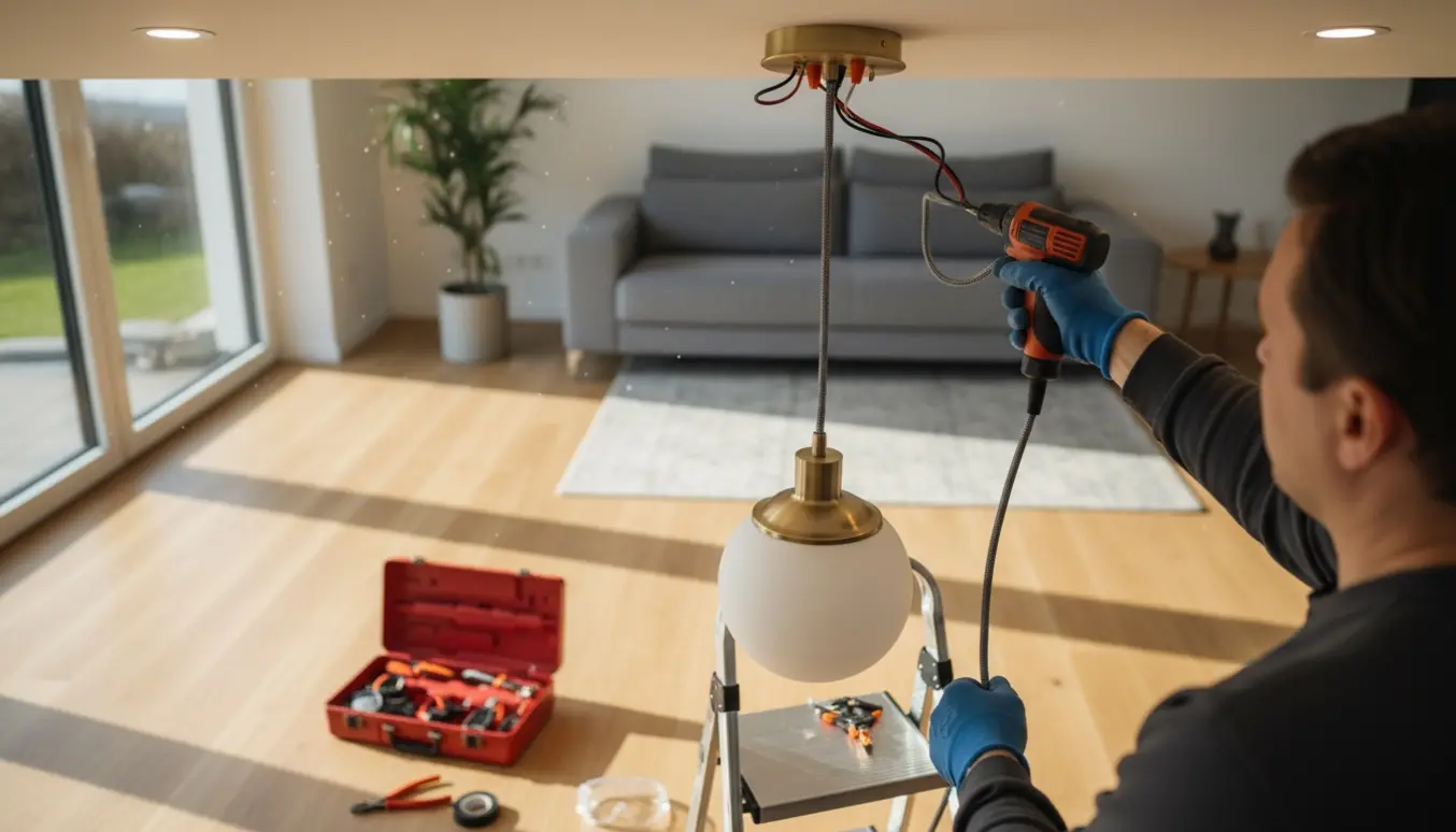 Tekniker monterer en hængelampe i loftet, hænder på en stige forbinder ledninger og beslag.