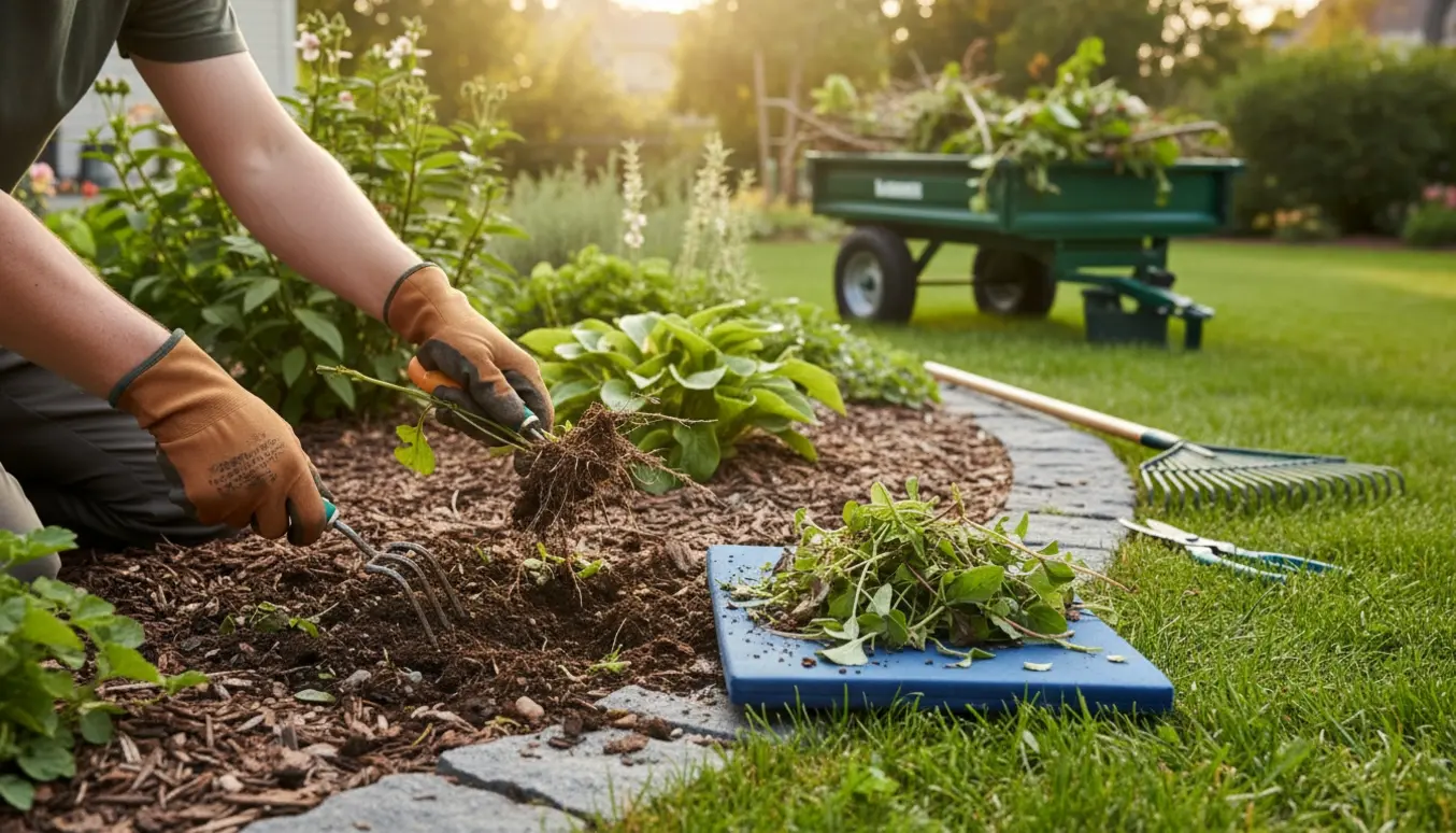 Hænder fjerner ukrudt fra et blomsterbed med en trailer klar til haveaffald i baggrunden.