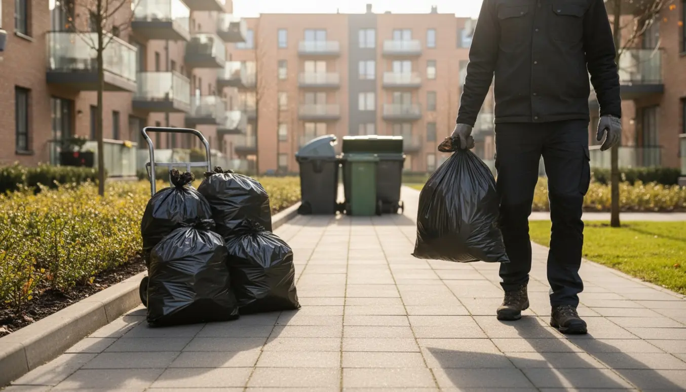 En person bærer en sort affaldssæk langs en sollyst sti mod fælles affaldscontainere, mens seks flere sække står på en trillebør.
