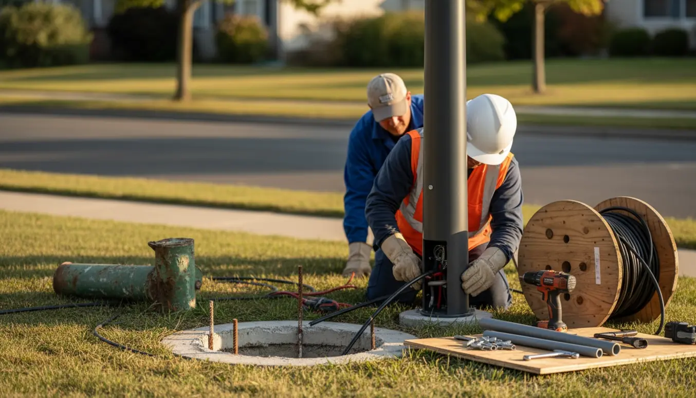 Ny lygtepæl bliver tilsluttet elektriske ledninger efter fjernelse af en gammel pæl.