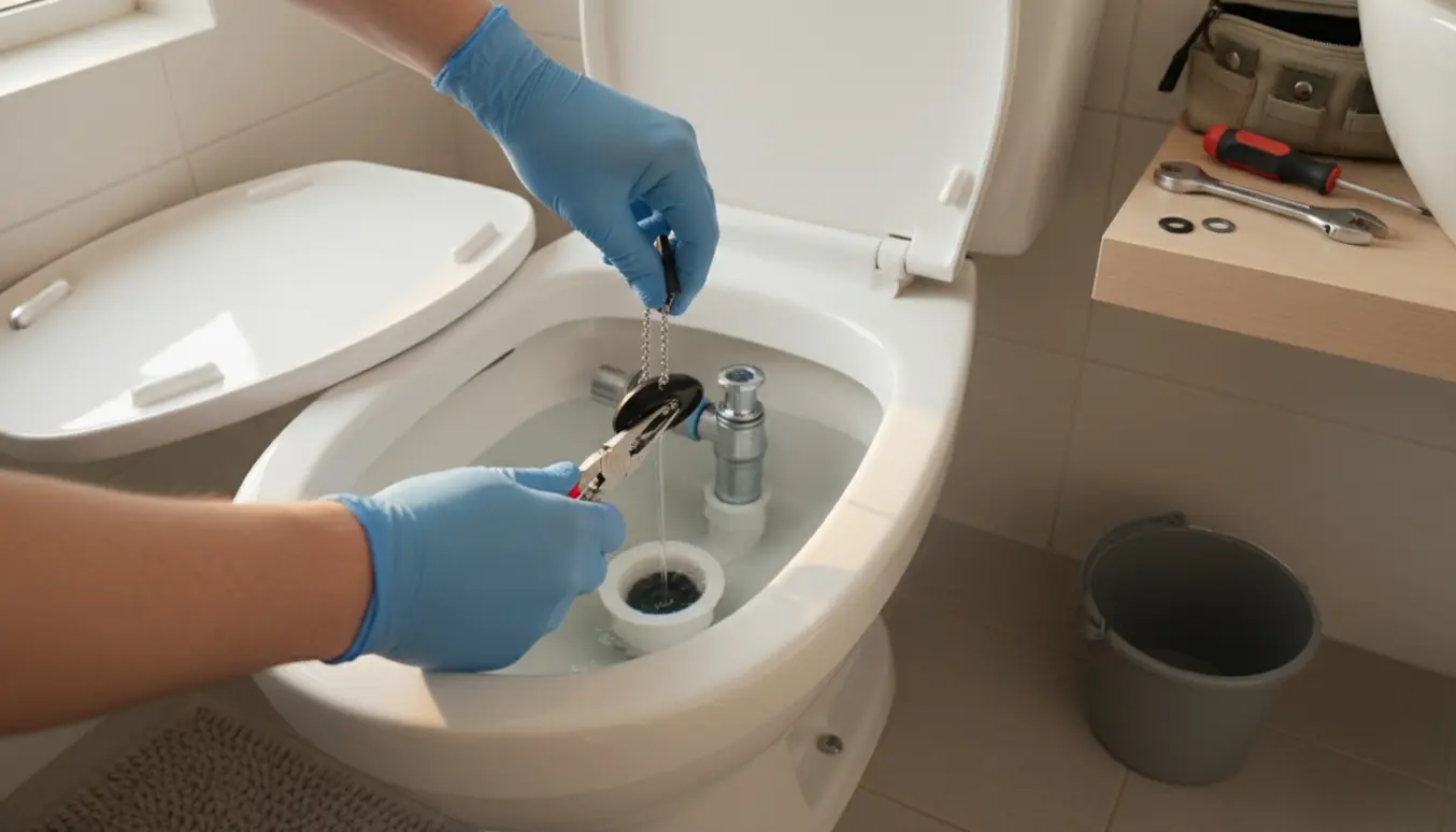 Hænder reparerer en løbende toilettank med åbent låg og værktøj ved siden af.