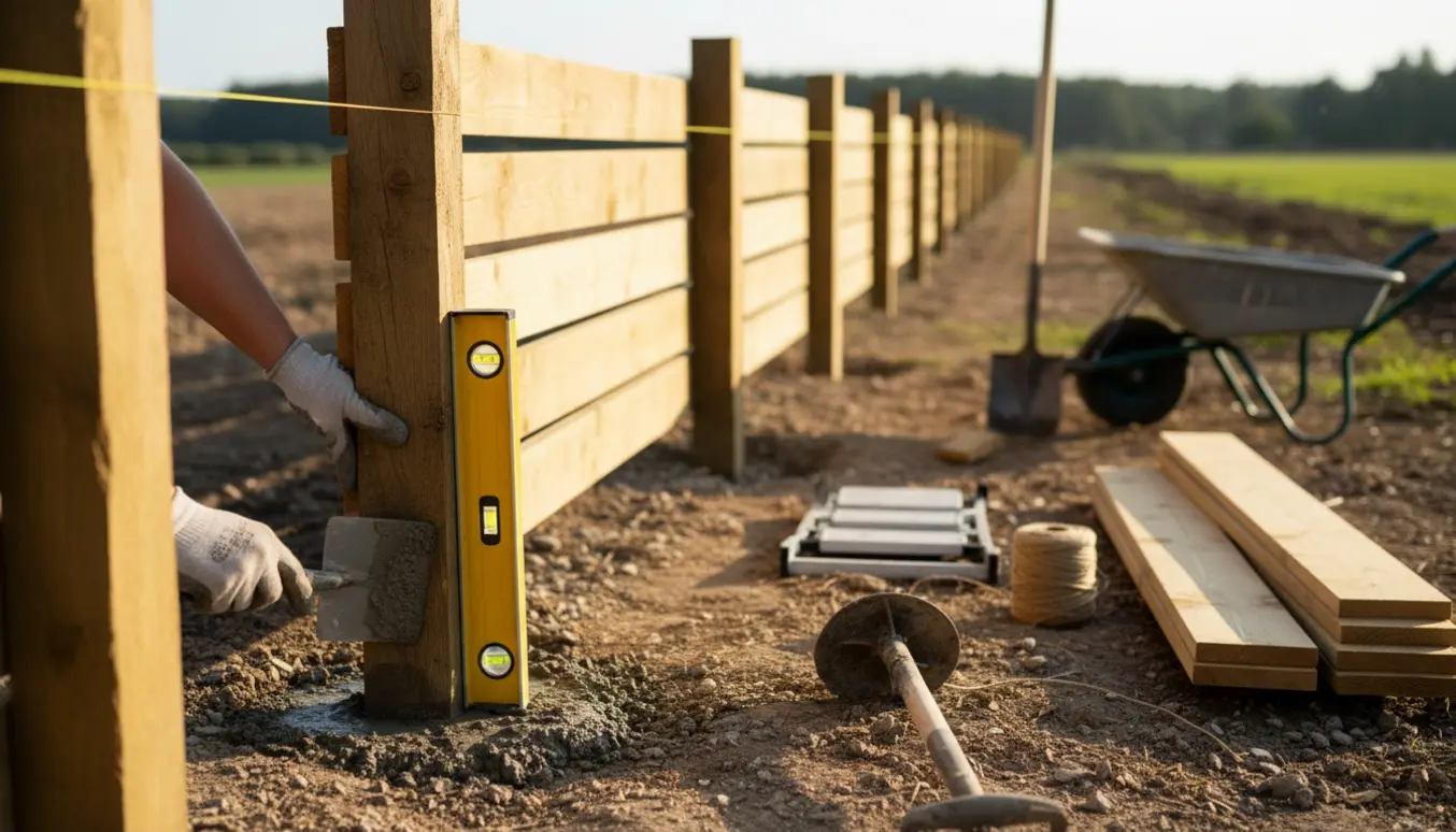 Nærbillede af opsætning af træplankeværk med stolper støbt i beton på et ryddet areal.