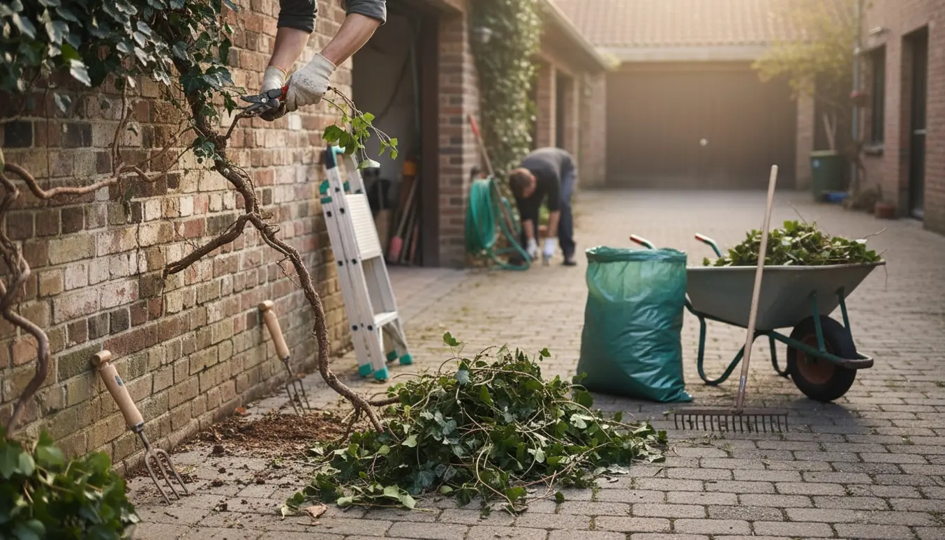 Hænder i handsker trækker efeu af en garagevæg ved en indkørsel med haveredskaber i baggrunden.