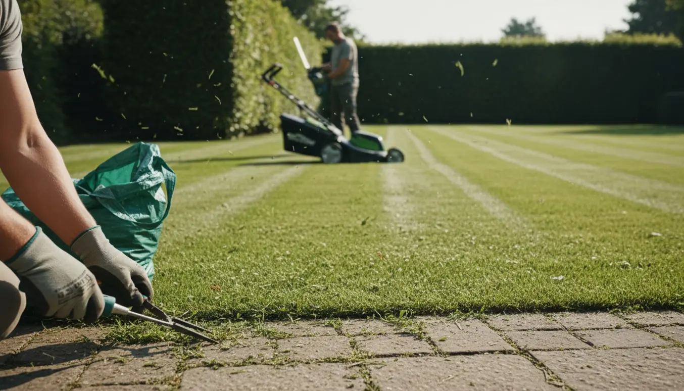 Stor nyslået græsplæne med 2 m høj hæk under klipning og hænder, der fjerner ukrudt fra fliser.
