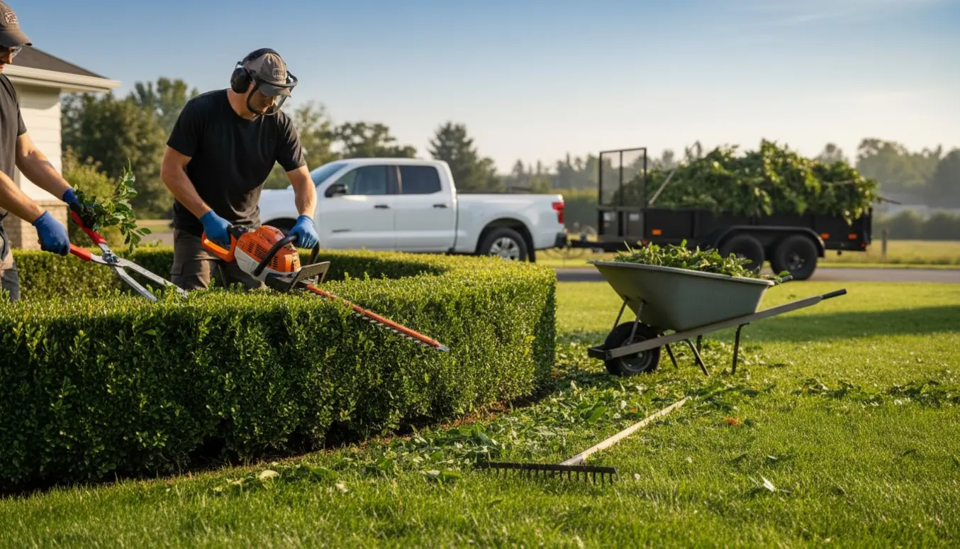 Professionel hækkeklipning i en have med hækkeklipper, beskæringsværktøj og trailer til grønt affald.