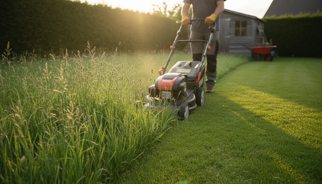 Person slår højt græs med en plæneklipper, der efterlader en tydelig klippet stribe.