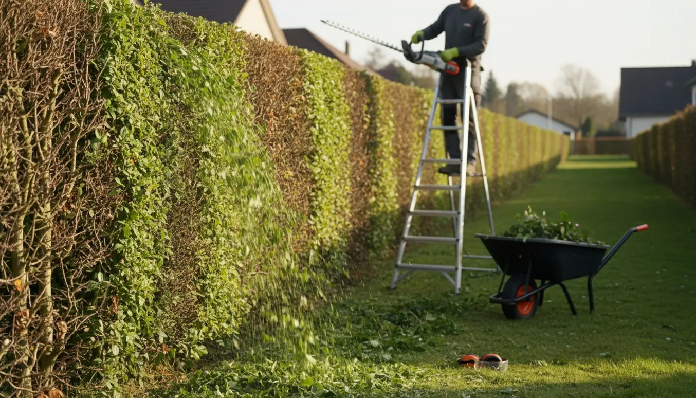 Lang hæk på omkring 2–3 meter klippes med hækkeklipper fra en stige, med friske kviste og værktøj i naturligt sollys.