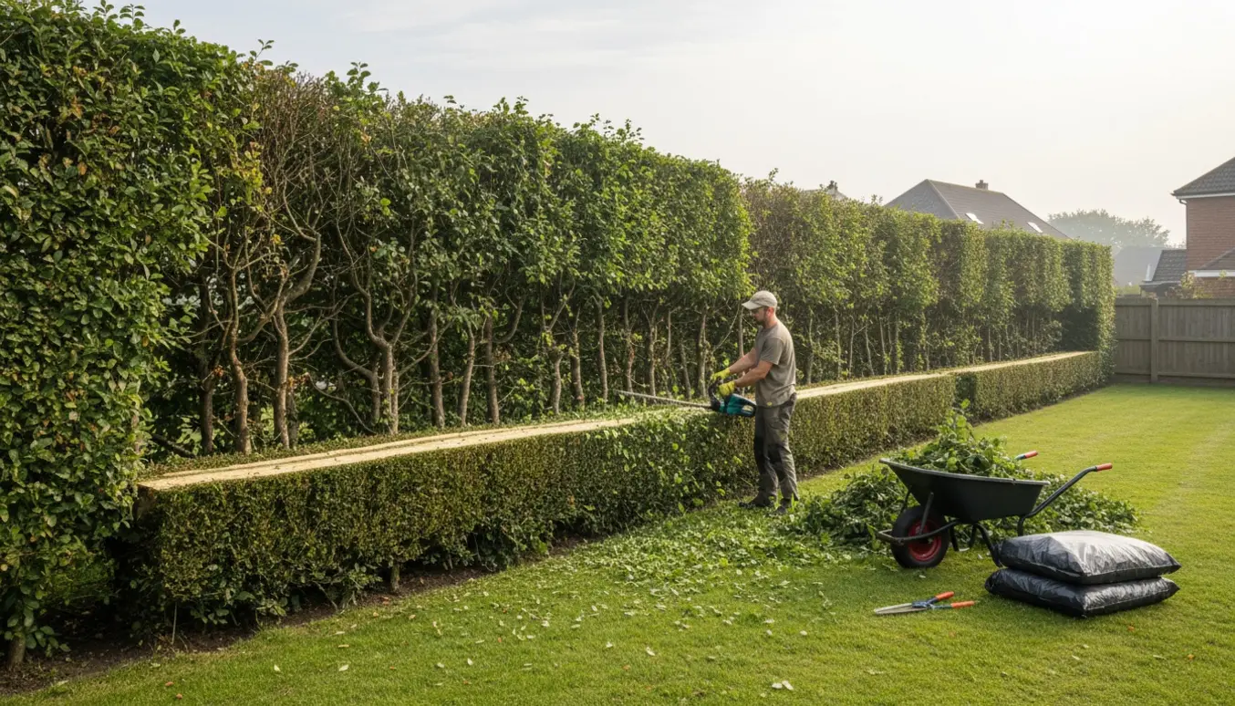 En gartner klipper en lang avnbøghæk ned til taljehøjde med en hækklipper, omgivet af bunker af grønt affald og en trillebør.