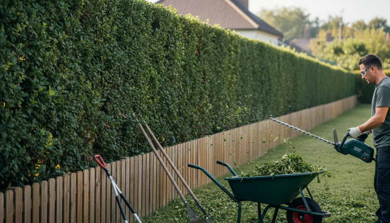 En person beskærer en lang hæk (cirka 25 m, 160 cm høj) med en elektrisk hækkeklipper, og nyslåede klip ligger i en trillebør.