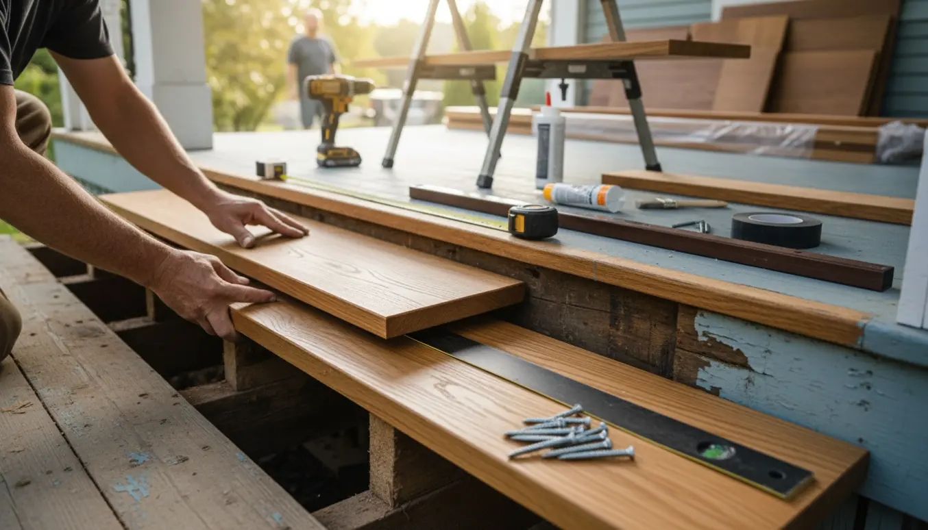 Nærbillede af en tømrer, der monterer nye trætrin på fortrappen med værktøj og skridsikring ved siden af.