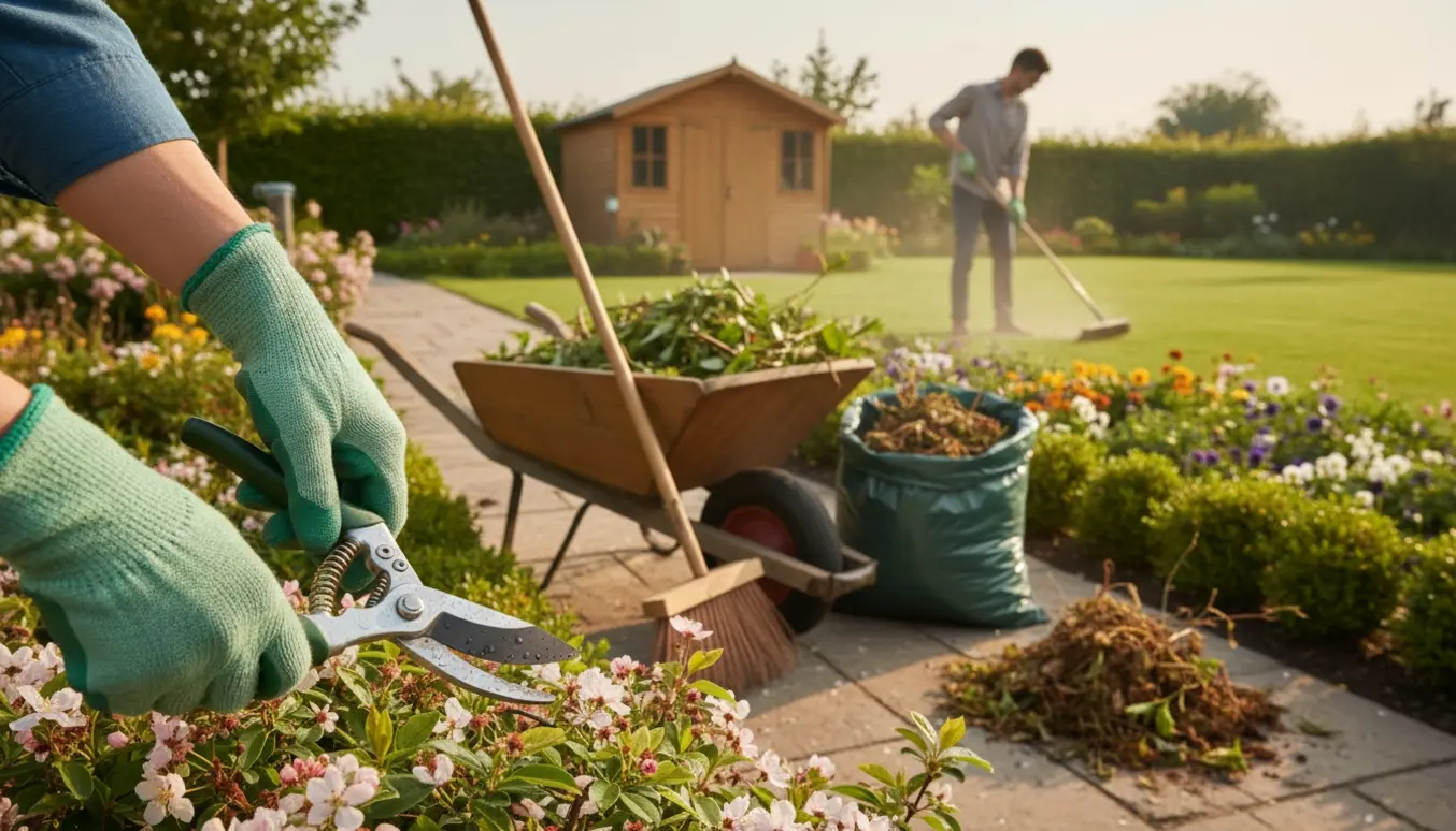 Hænder i handsker luger og klipper planter ved en velplejet havesti med trillebør og afklip.