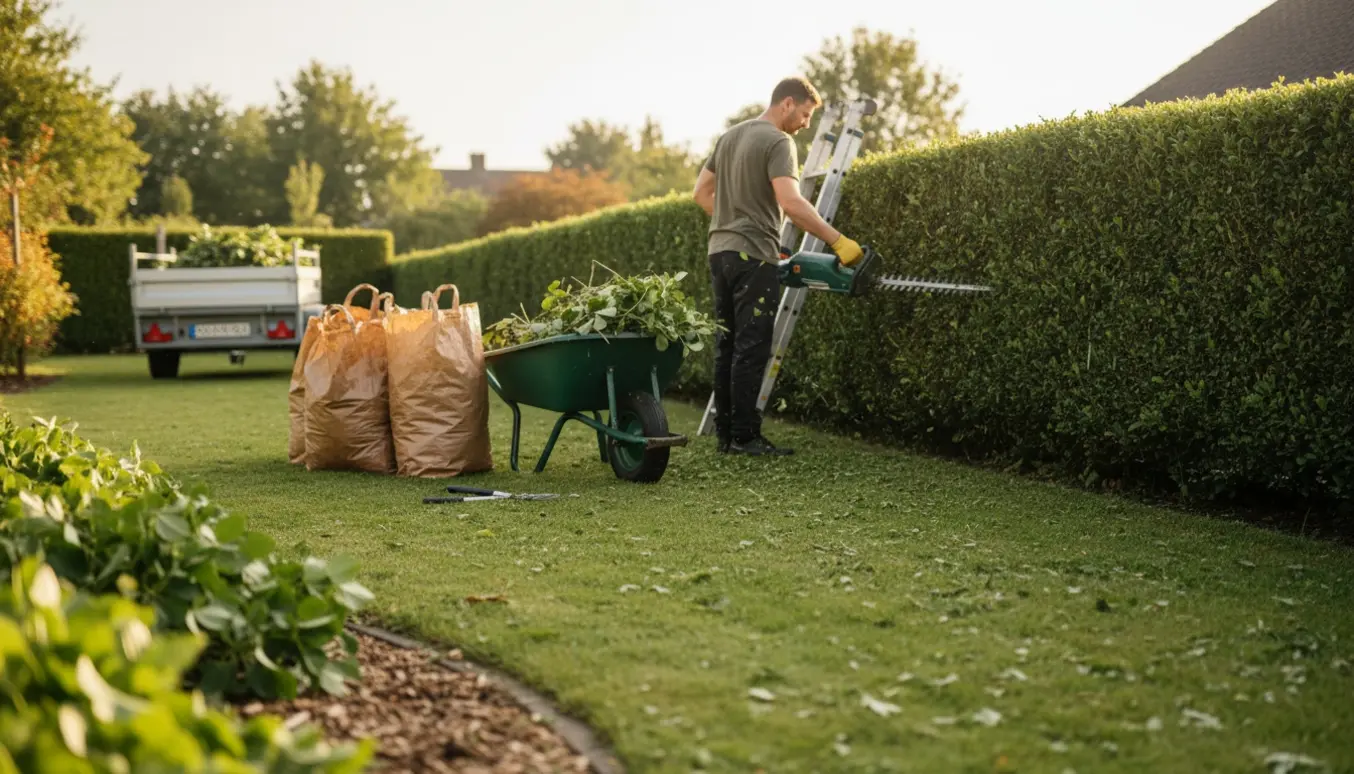 Nyklippet hæk i en rummelig forstadshave med haveredskaber og fyldte poser til haveaffald.