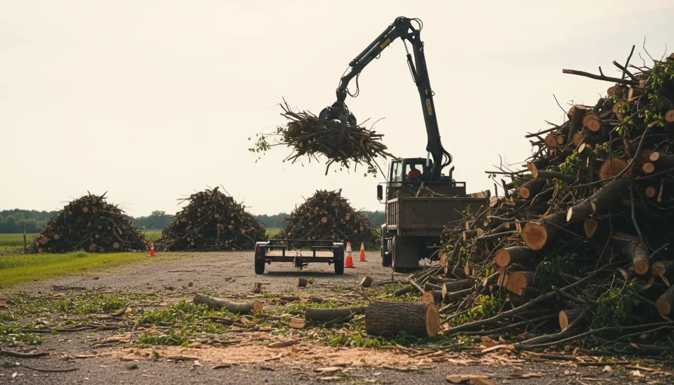Lastbil med kran afhenter fem store bunker afskårne grene ved vejens kant.