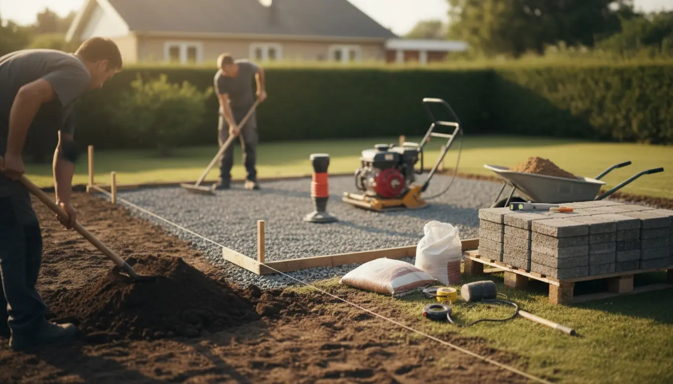 Forberedelse af en terrasse: gravet firkant, stabilgrus, pladevibrator og palle med herregårdssten i varmt eftermiddagslys.
