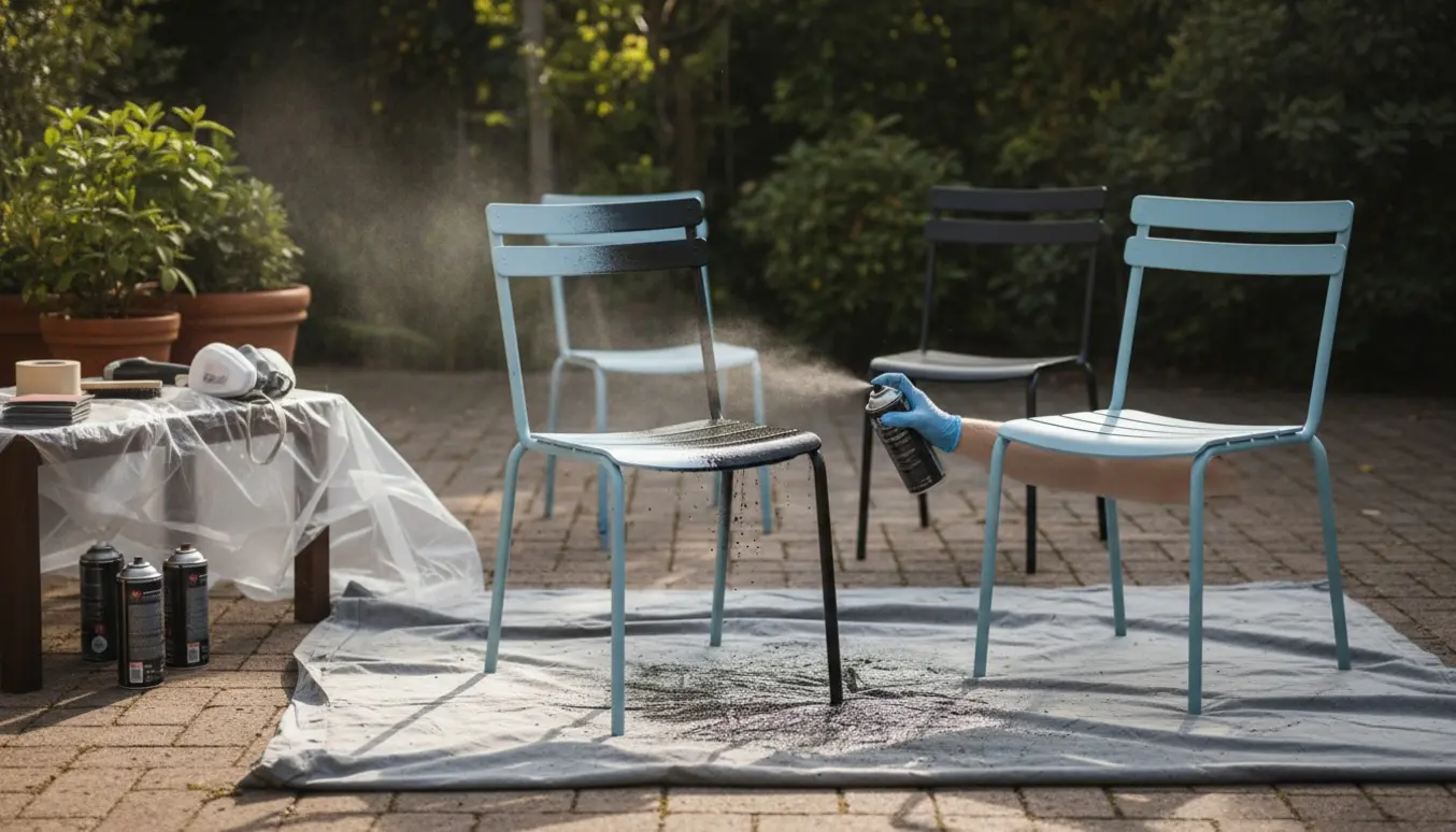 Fire lyseblå metalstole i haven, én bliver sprøjtemalet sort af en handske-beklædt hånd.