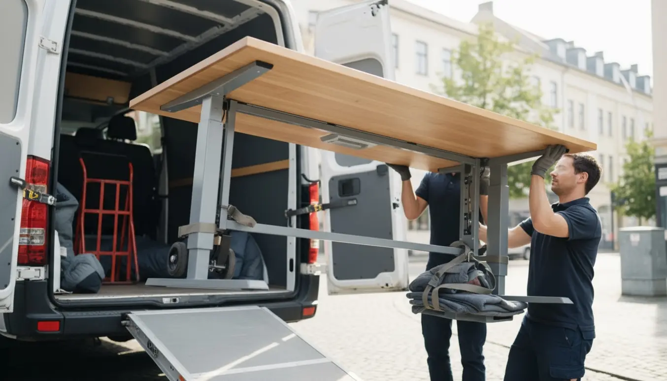 Et 2 m bredt hævebord løftes ind i en varebil af flytteudstyr og tæpper, fotograferet uden synlige ansigter.