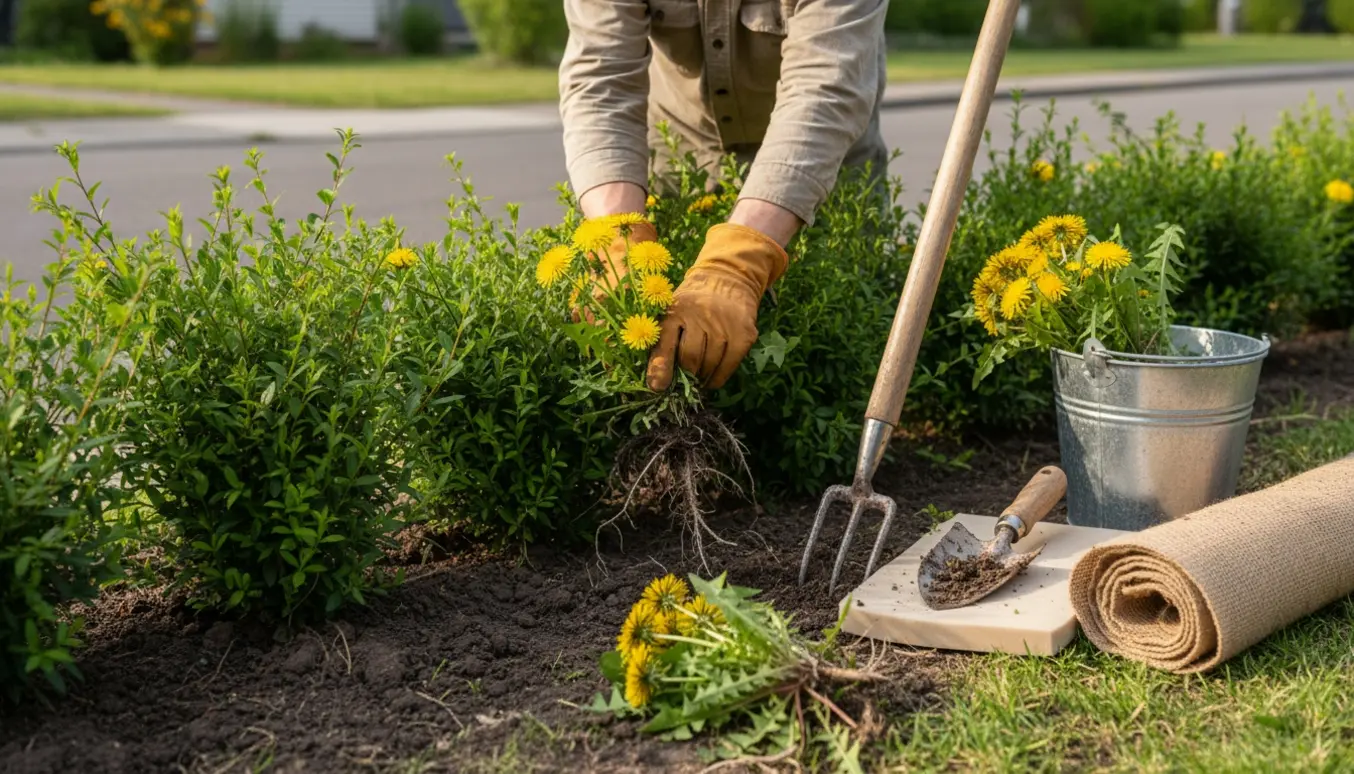 Hænder i arbejdshandsker fjerner mælkebøtter ved bunden af en ny hæk på en hjørnegrund.