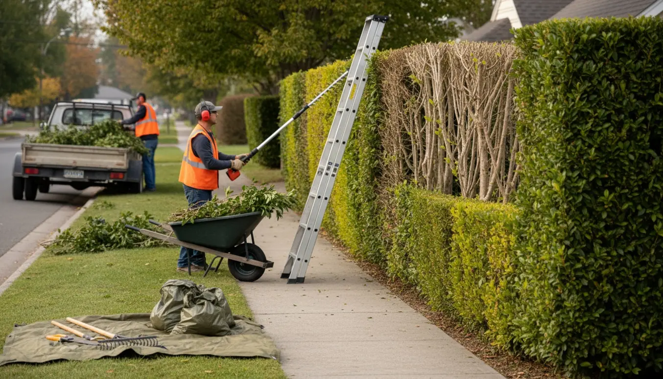 Hæk bliver klippet langs et fortov med grensaks, vogn til grene og samlet oprydning.