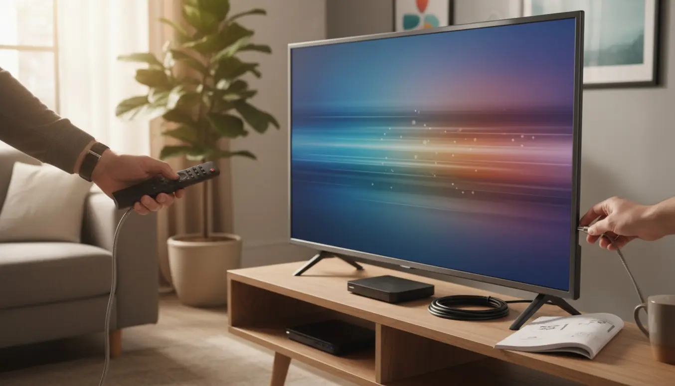 Hænder retunerer kanaler på et vægmonteret Samsung-tv med fjernbetjening og kabel i et lyst, moderne stuemiljø.