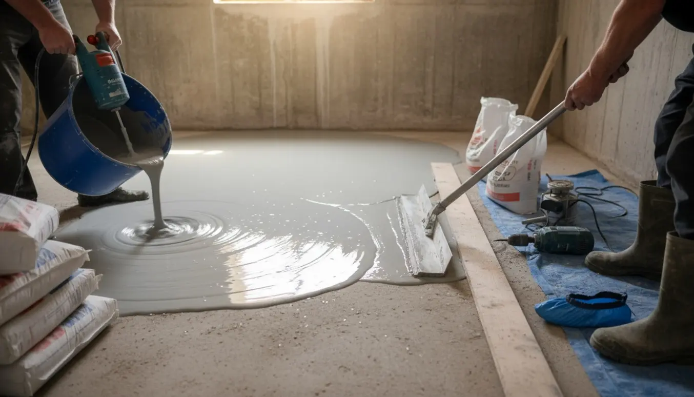 Selvnivellerende gulvspartelmasse hældes og glattes ud på et kældergulv med åbne sække og værktøj.