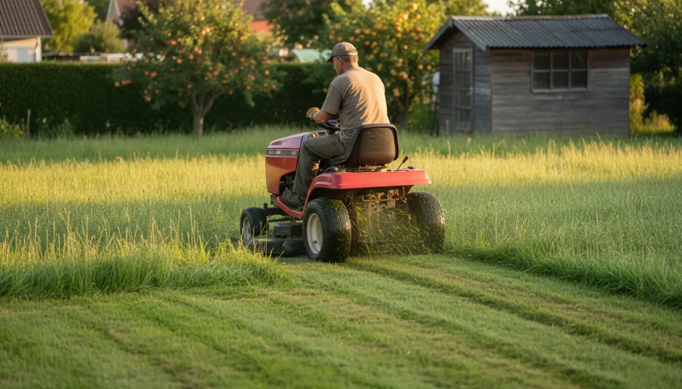 Havetraktor slår højt græs i en villahave, operatør set bagfra uden synligt ansigt.