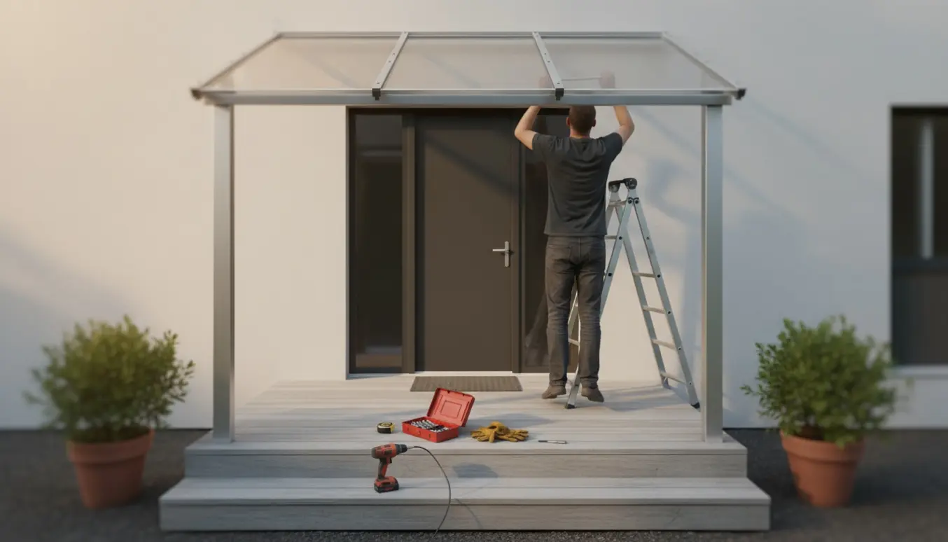 Delvist monteret overdækning over terrasse og trappe foran en hoveddør med værktøj på terrassen.