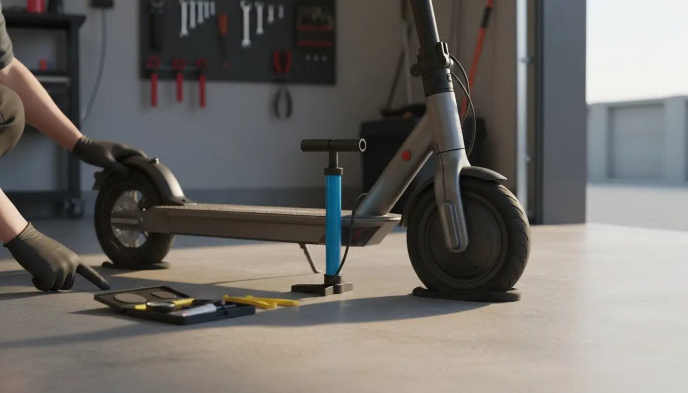 Et el-løbehjul med to flade dæk på garagegulvet, med håndpumpe og lappekit ved siden af.