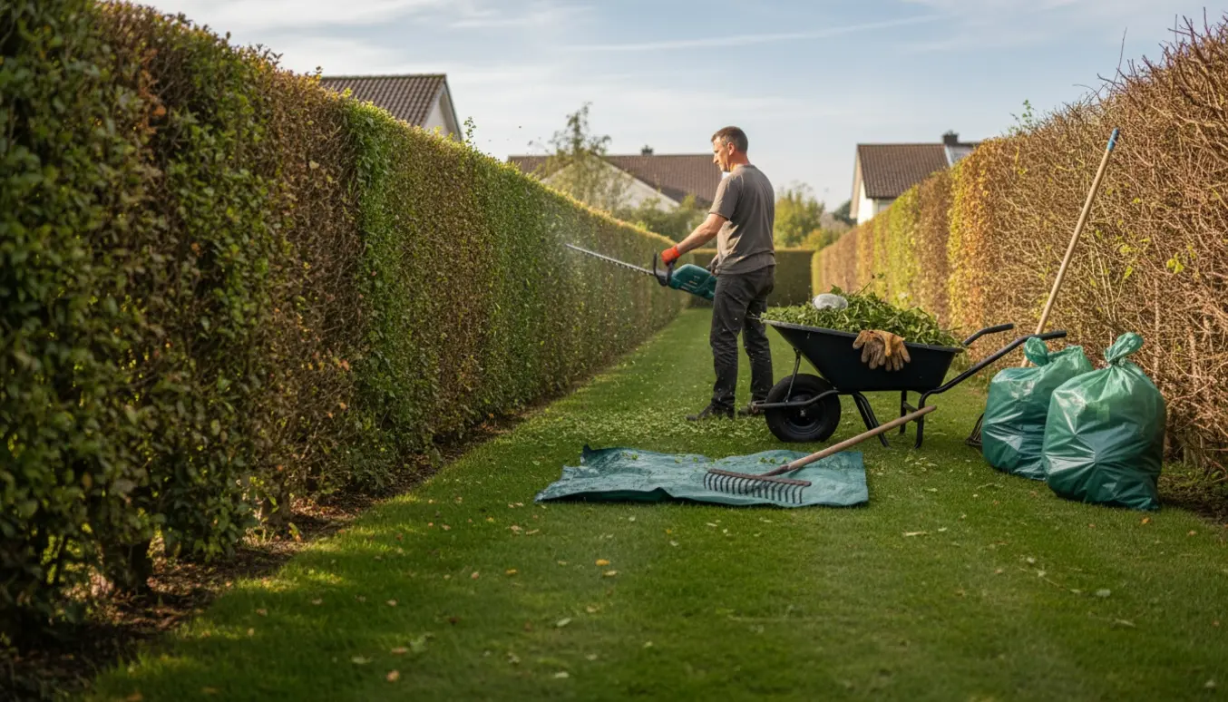 Havearbejder klipper en 20 meter hæk med trillebør og opsamlede afklip ved siden af.