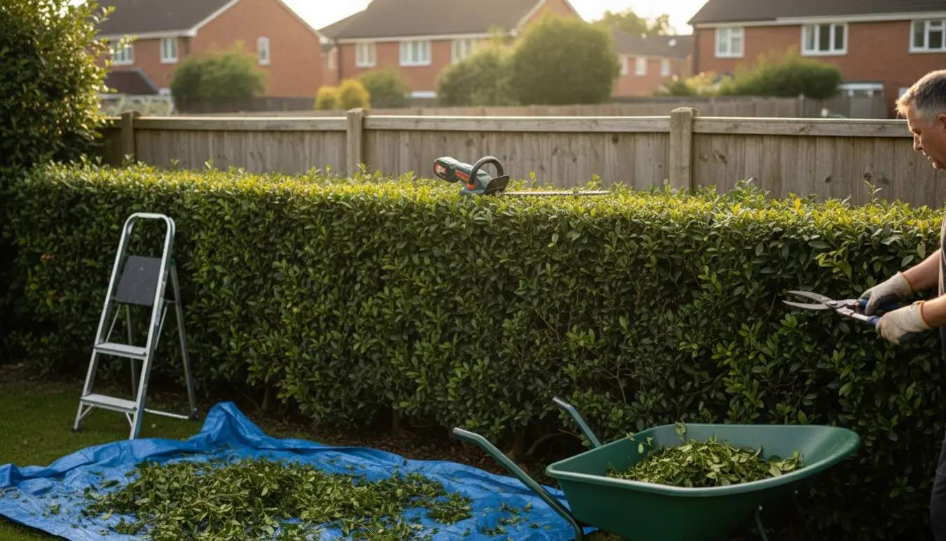 Nyslået hæk klippet i ensartet midthøjde langs skellet med hækkeklipper og bunker af afklip.