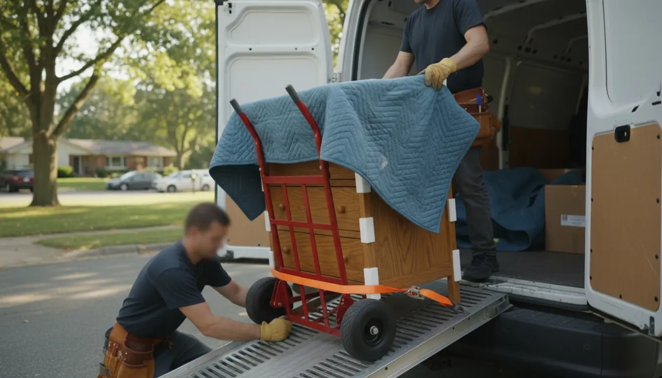 To personer læsser et træpuslebord ind i en varevogn med flyttetæpper og stropper.