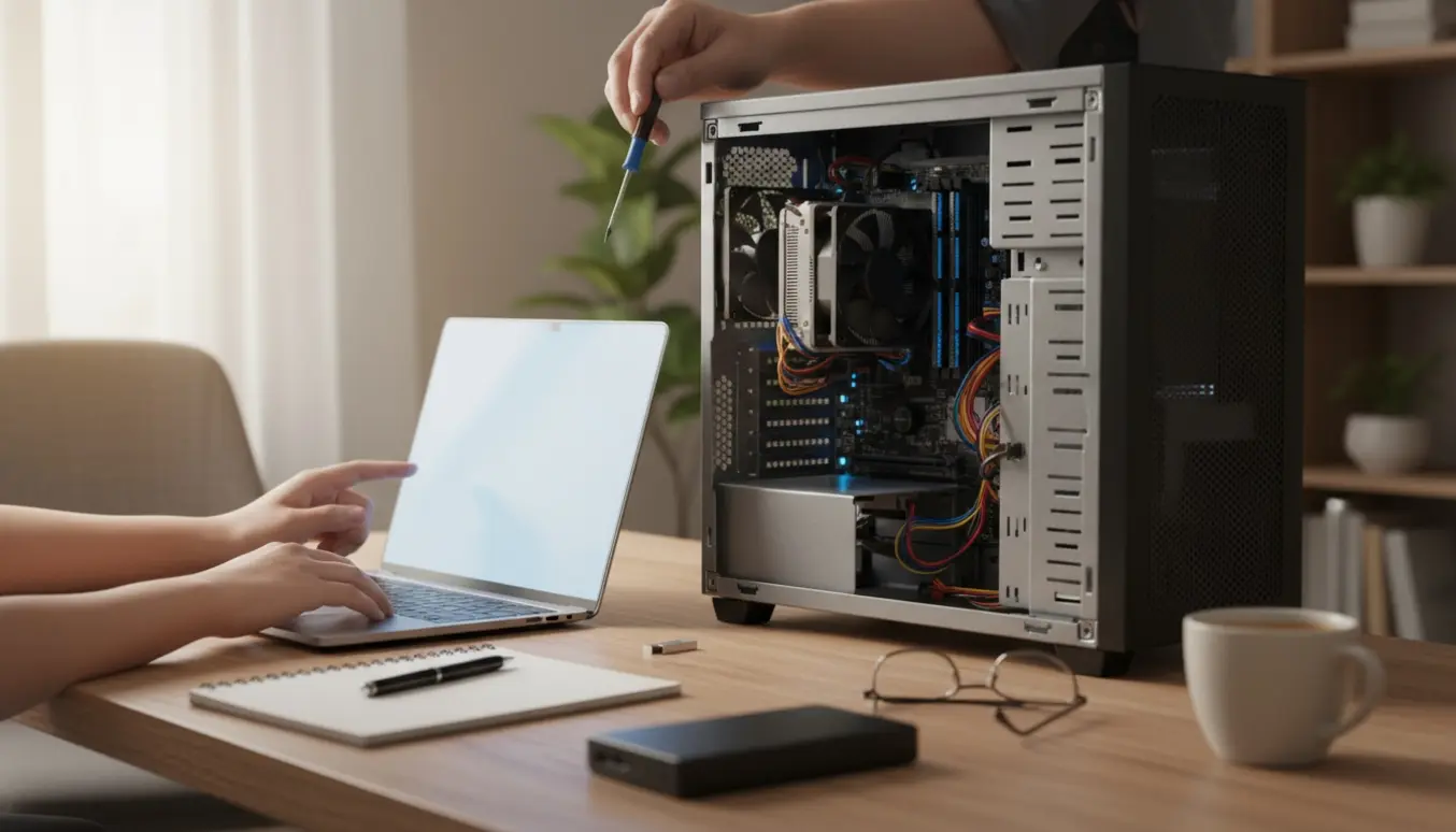 Åben stationær PC og bærbar på et skrivebord under fejlfinding af opstartsproblem.