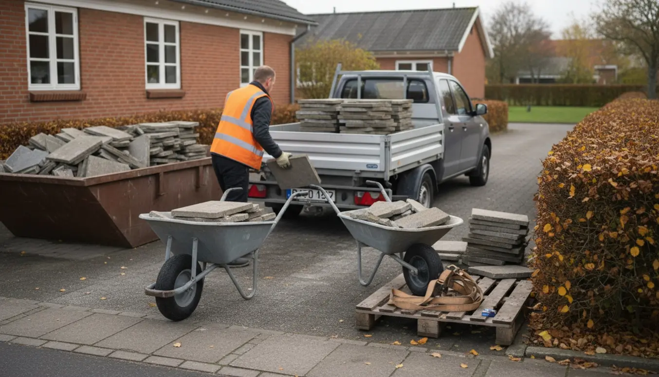 Fliser bliver læsset i trailer fra indkørsel med arbejdshandsker og værktøj klar til bortskaffelse.