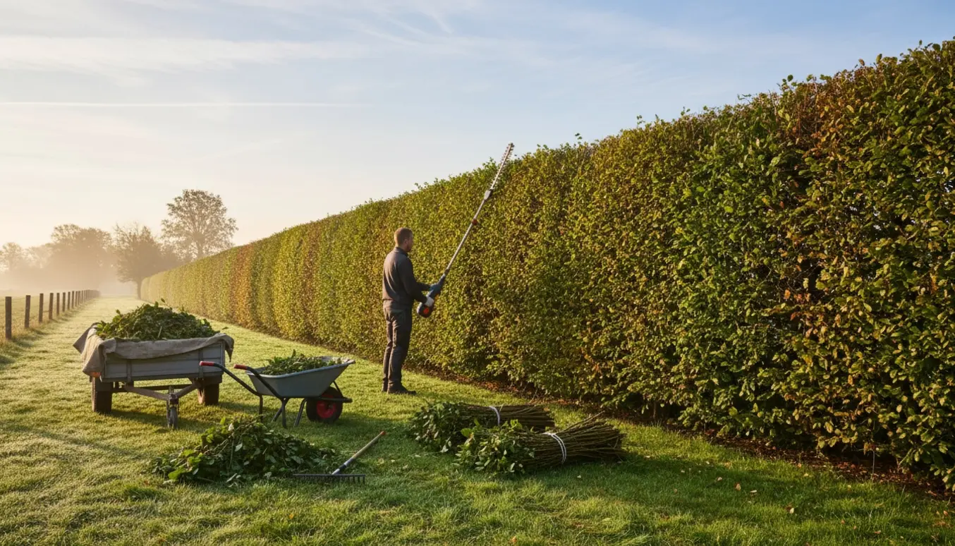 En havemand klipper en to meter høj bøgehæk, med afklip samlet i en trillebør og trailer.