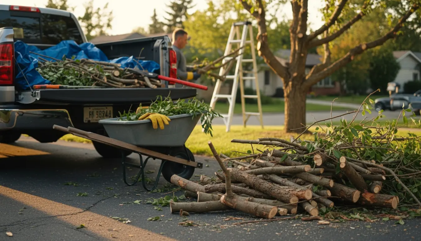 Nyskårne smågrene læsses i en trailer ved indkørsel med handsker og redskaber ved siden af.