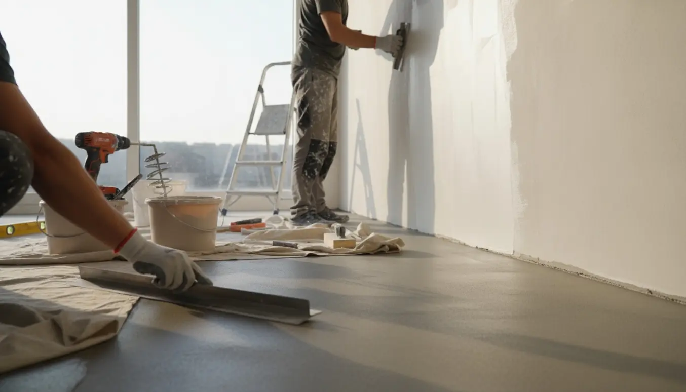 En murer pudser en væg og glatter microcement på gulvet i et lyst rum, ansigtet ikke synligt.