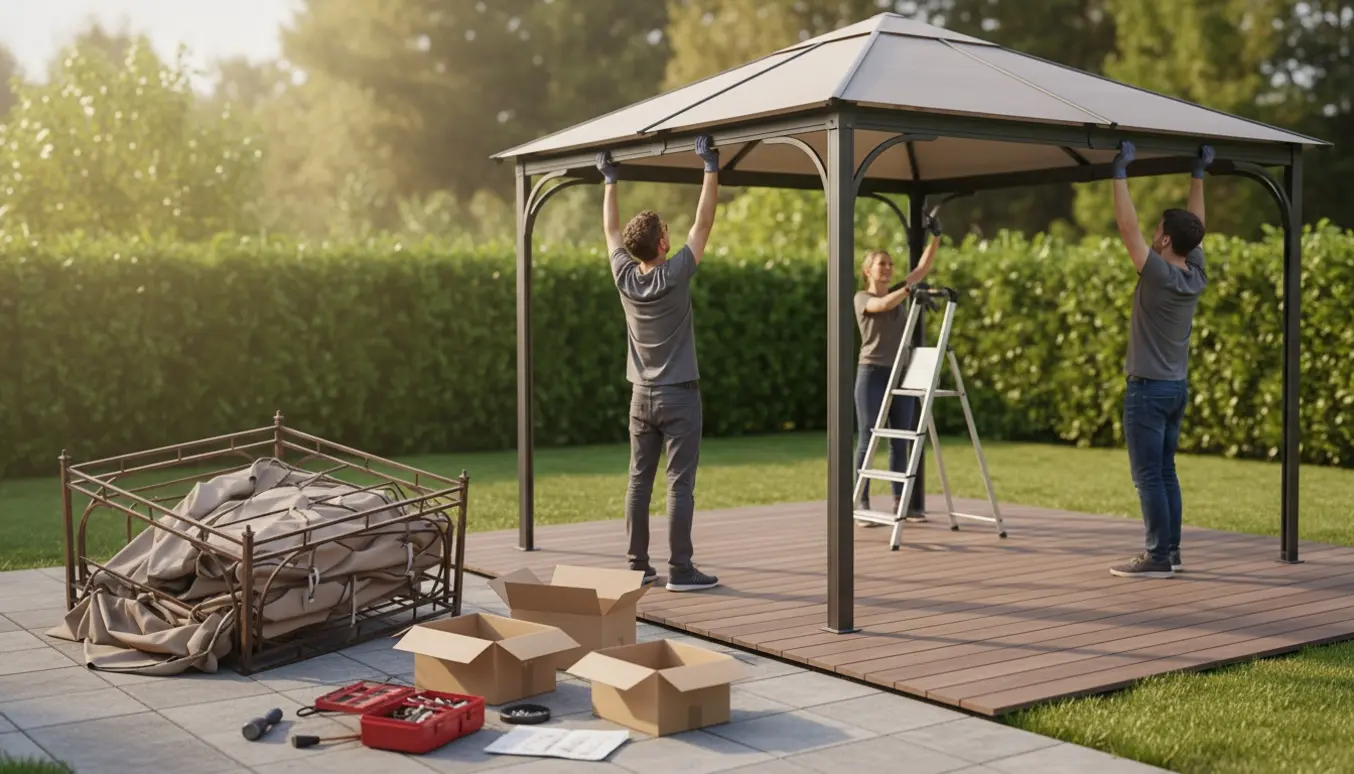 Gammel 3x3 m pavillon tages ned, mens en ny 3x3 m pavillon samles i en solrig have.