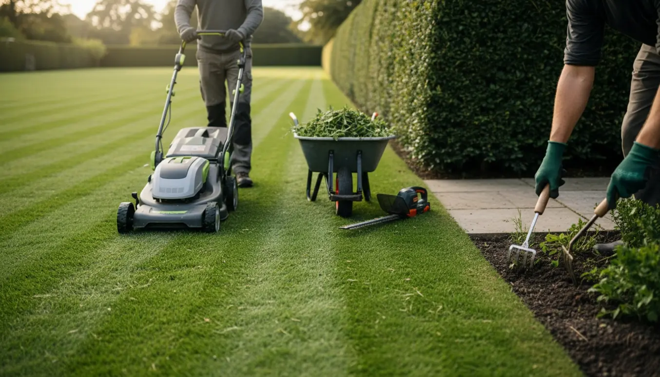 Nærbillede af græsslåmaskine på en nyslået plæne med nydeligt klippet hæk og haveredskaber.